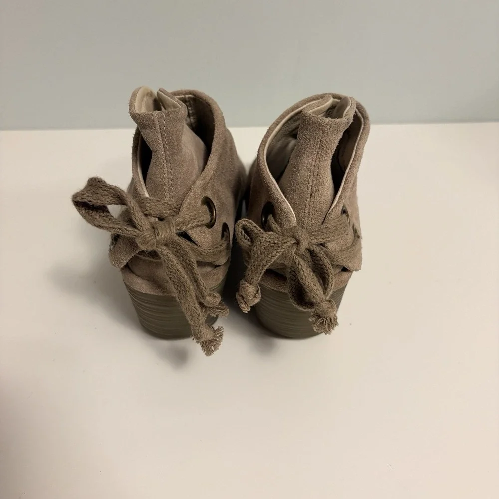 Fly London Yema Peep Toe Wedges Womens‎ 37 US 6.5/7 Taupe Lace Up Shoes Boho